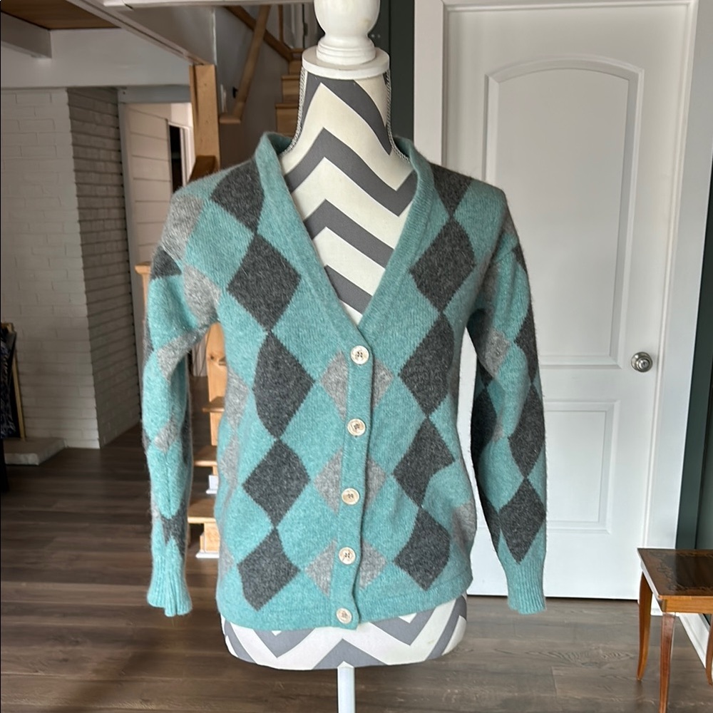 Argyle Button-Up Cardigan Sweater Vintage Casual Corner - Teal and Gray